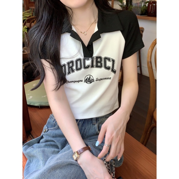 ☾☁✇Suhao kaos import wanita kaos wanita gaya korea lengan pendek kaos pendek perempuan American retro POLO kerah jahitan raglan lengan pendek T-shirt wanita musim panas hot gadis V-neck slim fit pendek bahan katun