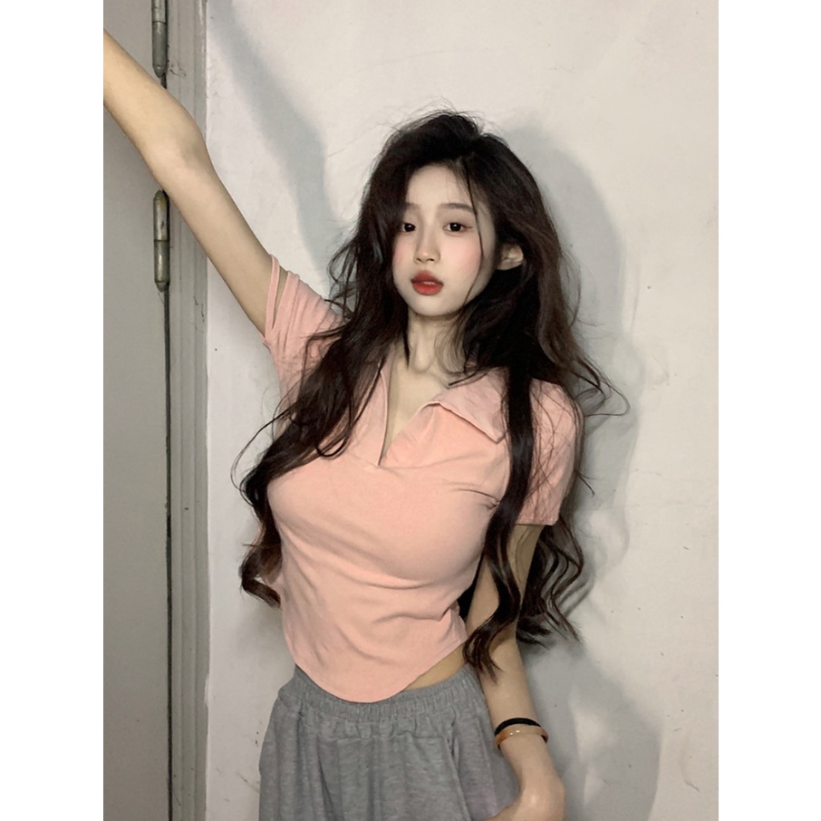 ▤♗☾Suhao kaos import wanita kaos wanita gaya korea lengan pendek kaos pendek perempuan irregular polo merah kerah depan bahu lengan pendek t-shirt wanita musim panas murni keinginan hot gadis slim fit ketat v-neck pendek top