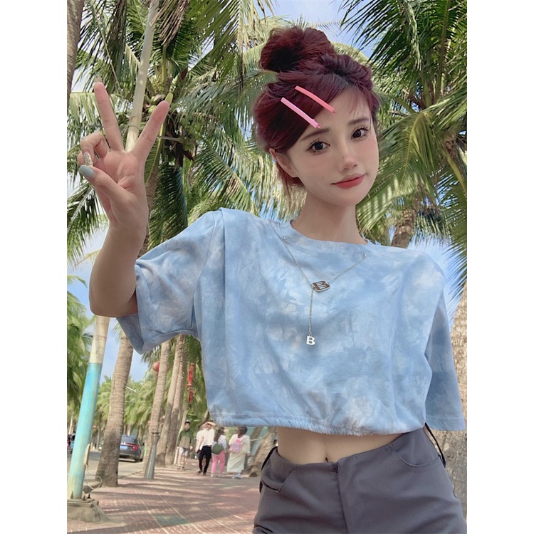 ✔Suhao kaos import wanita kaos wanita gaya korea lengan pendek kaos pendek perempuan light blue tie-dye drawstring short t-shirt female design sense niche sweet and spicy style high waist chic short-sleeve top ins trend