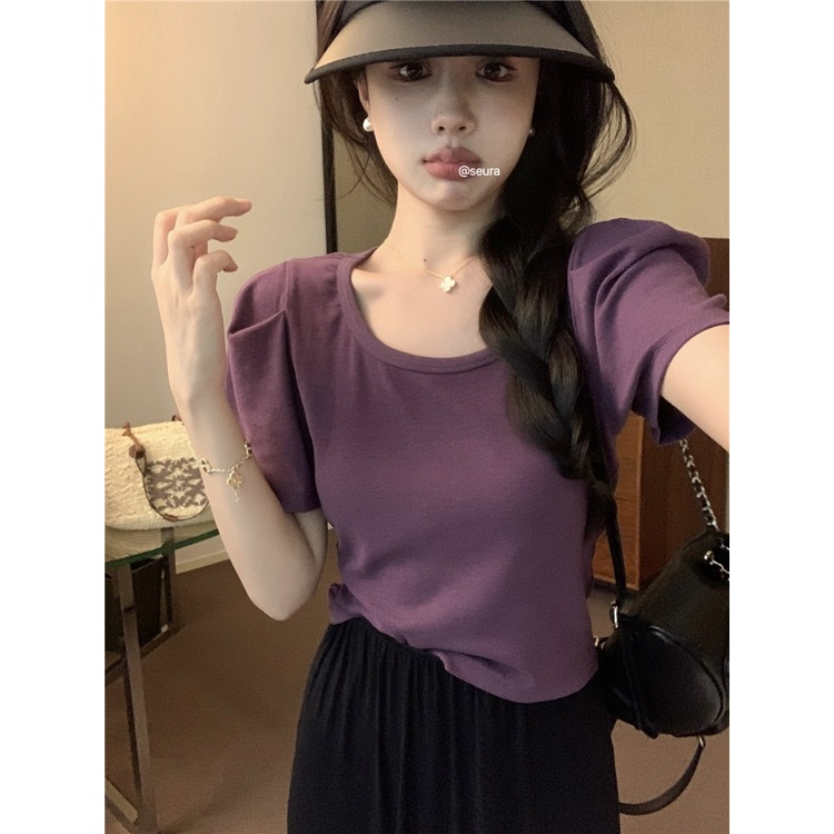 ﺴ▽Suhao kaos import wanita kaos wanita gaya korea lengan pendek kaos pendek perempuan French u-neck front shoulder puff sleeve short-sleeve t-shirt women s summer summer slim ice silk T-shirt short high waist top