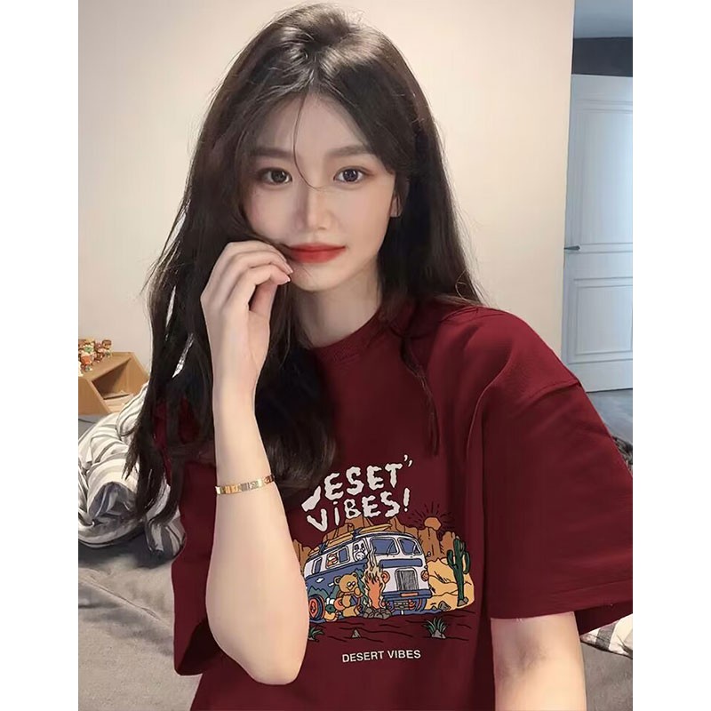 ♞Suhao kaos import wanita kaos wanita gaya korea lengan pendek kaos pendek perempuan katun lengan pendek t-shirt wanita musim panas 2023 baru Amerika retro longgar rasa desain ceruk bahu depan T-shirt