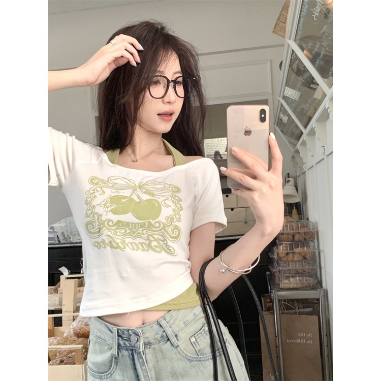 ✸♝Suhao kaos import wanita kaos wanita korean style lengan pendek kaos pendek perempuan American retro printed fake two-piece white short-sleeved t-shirt women s summer short navel halter pure desire babes top