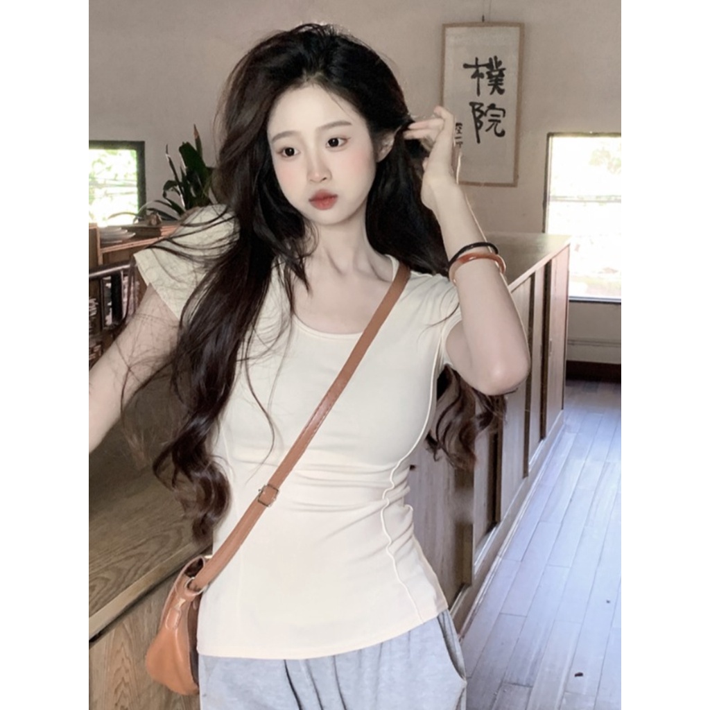 ♂▣Suhao kaos import wanita kaos wanita gaya korea lengan pendek kaos pendek perempuan hot girl pink u-neck large neckline front shoulder short-sleeve t-shirt women s summer pure desire style high waist slim fit tight short top