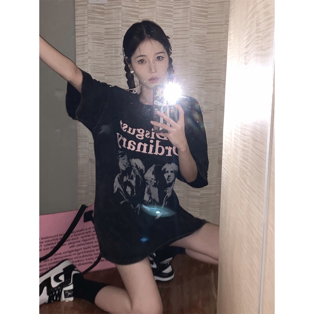 ✕Suhao kaos import wanita kaos wanita gaya korea lengan pendek kaos pendek perempuan American retro babes front shoulder short-sleeved T-shirt women s summer design sense niche washable old drawstring short top