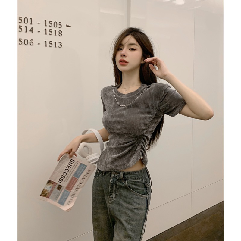 ◕▫☃Suhao kaos import wanita kaos wanita gaya korea lengan pendek kaos pendek perempuan lengan pendek t-shirt lengan pendek dengan kesan desain musim panas untuk wanita keinginan murni untuk gadis panas manis American retro drawstring short irregular top