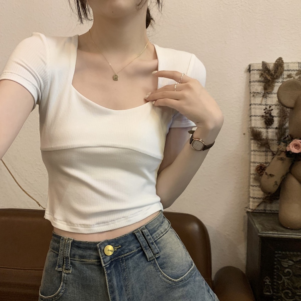 ❁Suhao kaos import wanita kaos wanita gaya korea lengan pendek kaos pendek perempuan abu-abu kerah persegi bahu depan lengan pendek t-shirt wanita musim panas hot girl pure desire self-budidaya pendek tidak teratur leher besar top musim panas