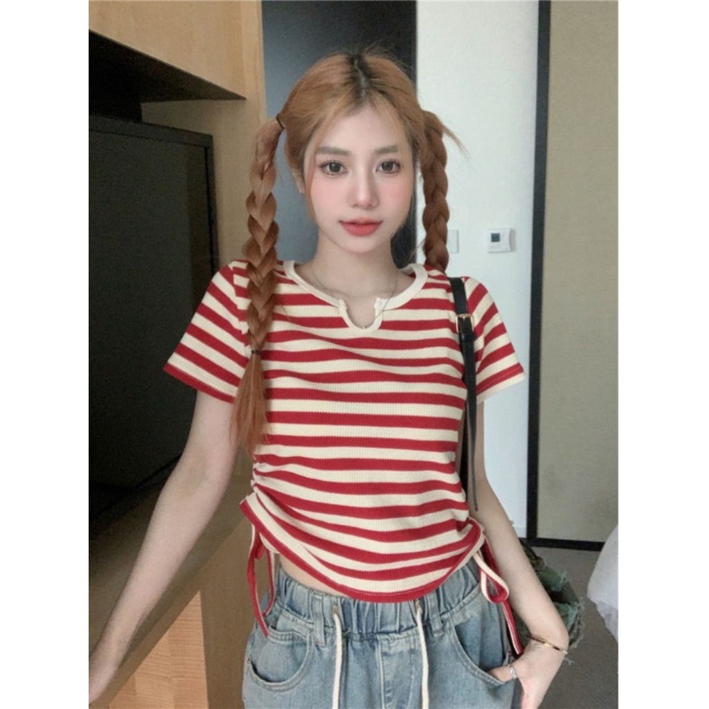 ✼Suhao kaos import wanita kaos wanita gaya korea lengan pendek kaos pendek perempuan Irregular stripes front shoulder short-sleeve t-shirt women s summer design sense niche hot girls slim short tops small people