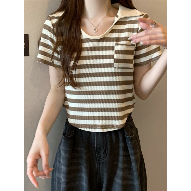 ✧✲☍Suhao kaos import wanita kaos wanita gaya korea lengan pendek kaos pendek perempuan American retro striped shoulder T-shirt wanita lengan pendek musim panas Polo shirt design sense niche irregular short top