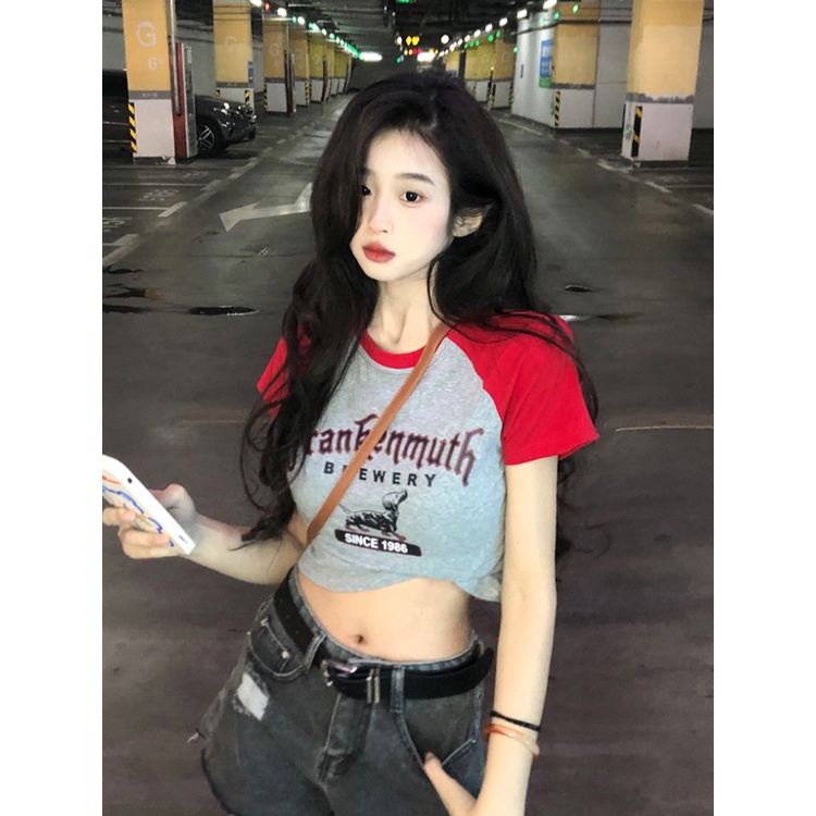 ✼▧Suhao kaos import wanita kaos wanita gaya korea lengan pendek kaos pendek perempuan American retro contrast color raglan sleeves short-sleeve t-shirt women s summer sexy hot girl slim slim high waist short top