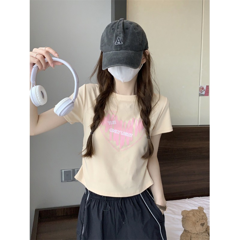 ↂↂ☇Suhao kaos import wanita kaos wanita gaya korea lengan pendek kaos pendek perempuan design sense love print lengan pendek T-shirt wanita musim panas 2023 versi Korea baru bm sweet and spicy high waist chic short top