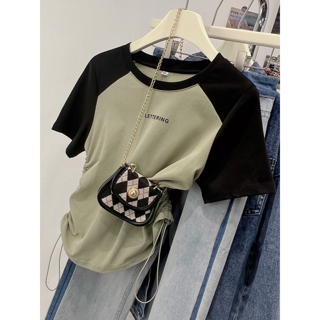 ₪❉Suhao kaos import wanita kaos wanita gaya korea lengan pendek kaos pendek perempuan Spice Girl American style raglan shoulder short-sleeve t-shirt women s summer design sense niche color contrast stitching drawstring waist short top