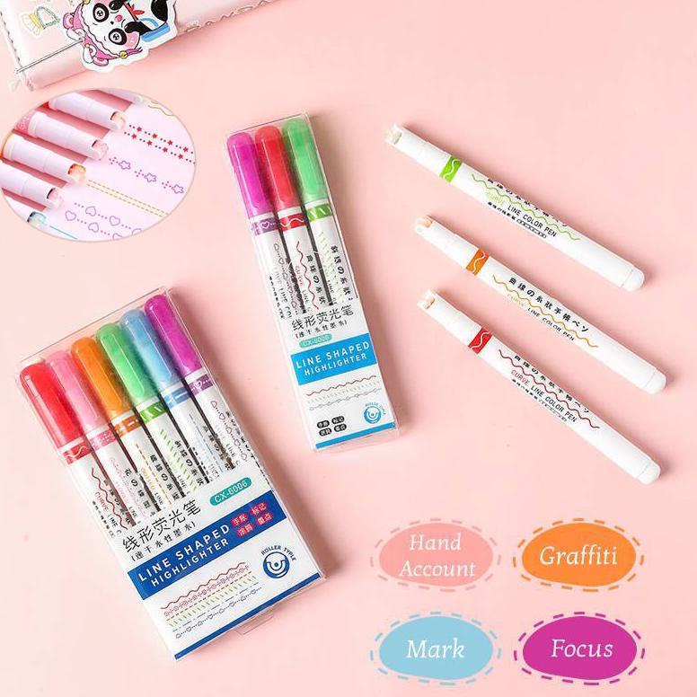 

6 Buah/Set Berbentuk Garis Pena Stabilo Kreatif Cepat Kering Multicolor Roller Tip Penanda Kurva Stabilo Alat Tulis