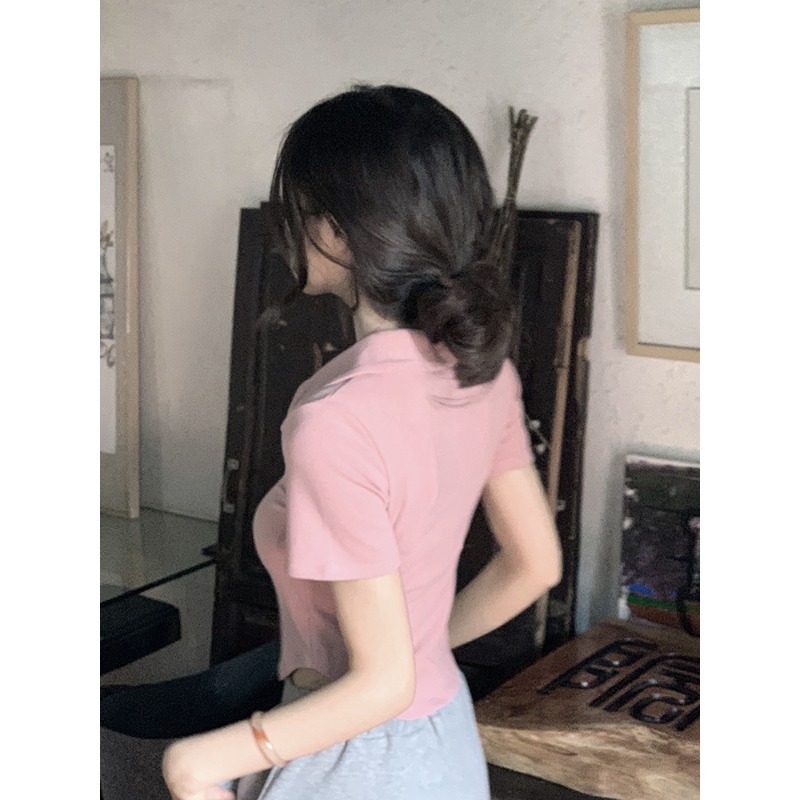 ✺Suhao kaos import wanita kaos wanita gaya korea lengan pendek kaos pendek perempuan pure desire irregular pink front shoulder polo collar short-sleeve t-shirt women s summer slim fit tight and thin lapel short top