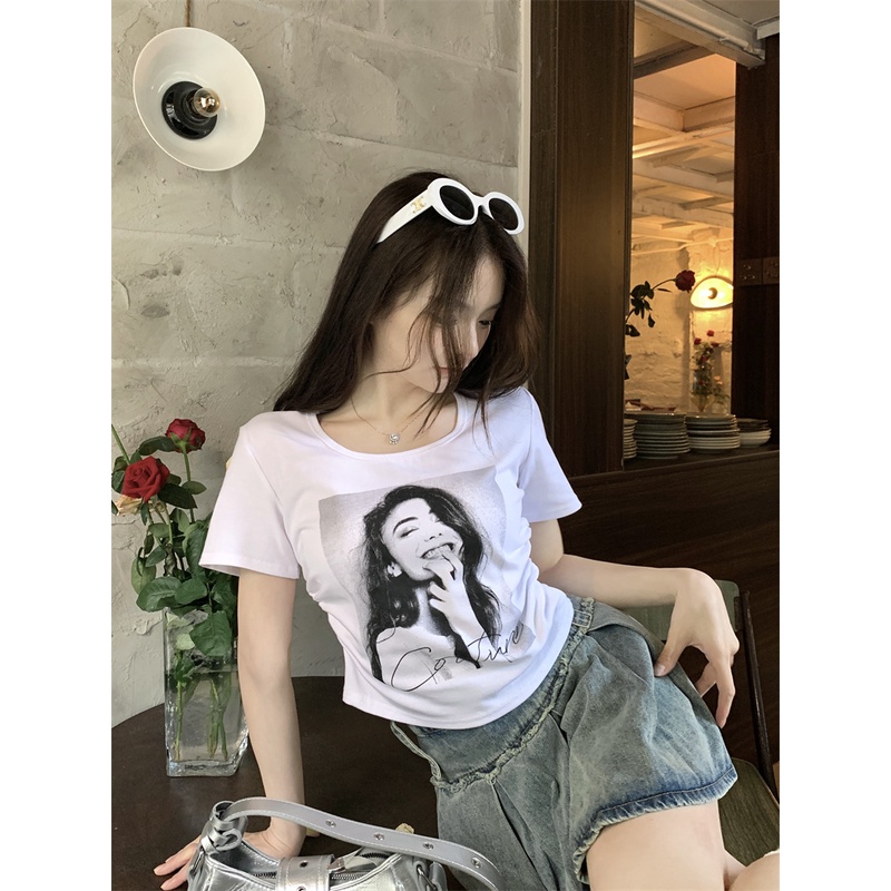 ₪Suhao kaos import wanita kaos wanita gaya korea lengan pendek kaos pendek perempuan sweet and spicy printed American style front shoulder pure cotton short-sleeve t-shirt women s 2023 new summer slim short irregular top