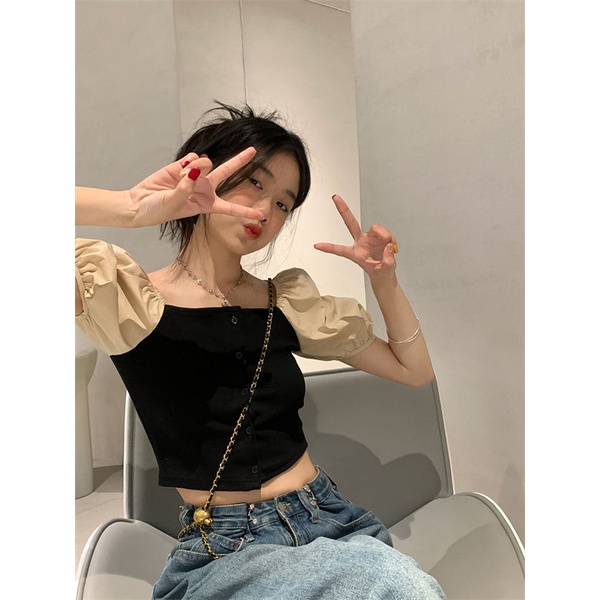 Red French square collar stitching short-sleeve t-shirt women s summer Japanese retro design sense niche chic puff sleeve short top