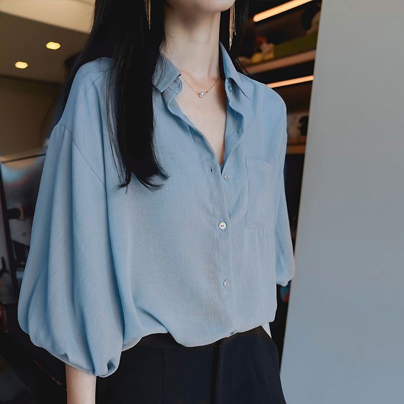 Musim panas gaya Korea baru kemeja sifon longgar lengan lima perempat
