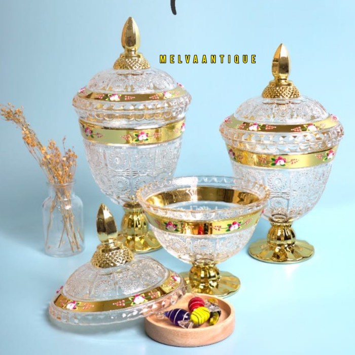 Octanita_Id- Toples Kristal Gold 1 Set Isi 3 Pcs / Toples Kue Kering / Toples Kaca