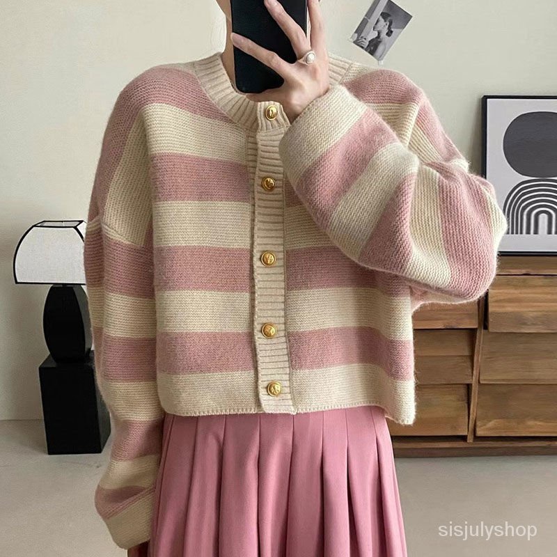 [✅BISA COD] #Sisjuly# Sweater wanita / sweter logam leher bulat vintage berdada tunggal / kardigan j