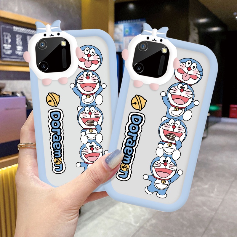 3D Casing Kartun Ponsel untuk Realme 2 5 5I 5S 6I 7I 9I 4G Realme C12 C11 2021 C15 C17 C2S C20A C21Y C25Y/S C30S C31 C33 C35 Narzo 10A 20A 30A 50 50A 50IPrime V11 V25 5GCase Telepon Kamera Kreatif Casing Transparan Cover Happy Doraemon