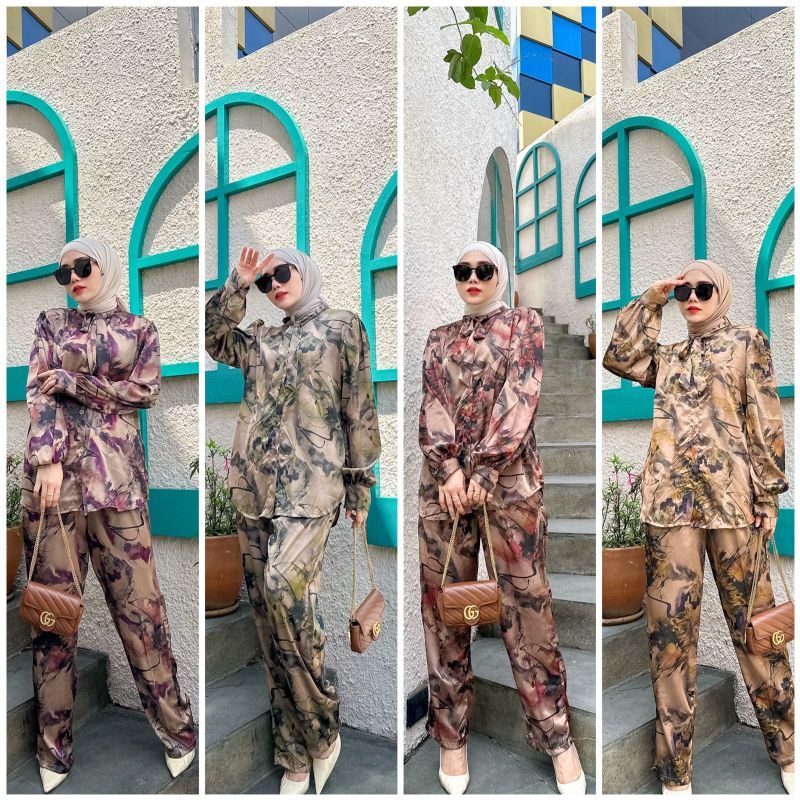 S732 YOLLA SET PANTS SILK PRINTING WANITA MUSLIMAH KEKINIAN VIRAL ORIGINAL REAL PICT GOOD QUALITY ME