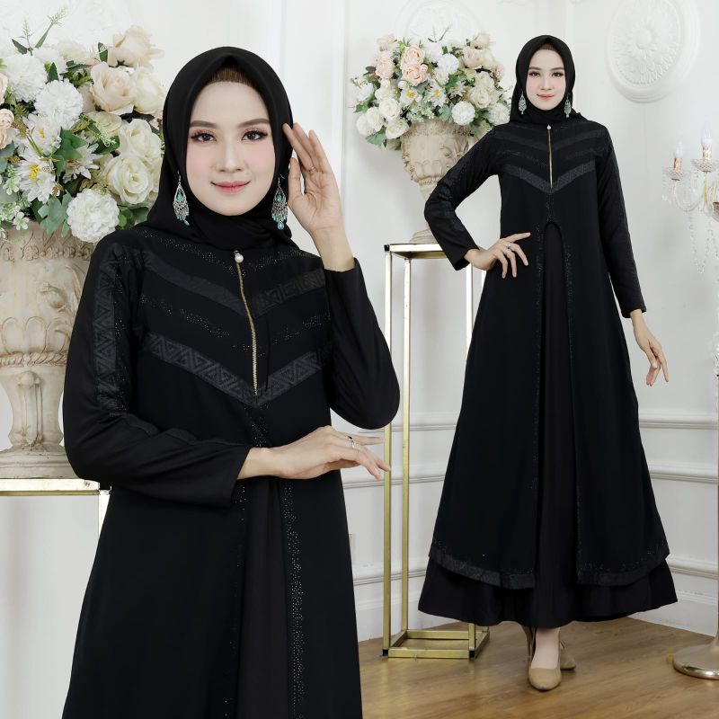 GAMIS ABAYA TURKEY BORDIR TRIANGLE GOLD DAN FULL HITAM