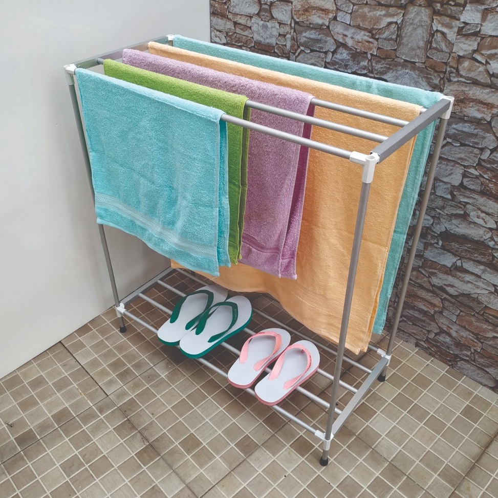 TERPERCAYA JEMURAN HANDUK ALUMINIUM / RAK HANDUK BERDIRI Knockdown 5 HANDUK + Tempat sepatu/sandal
