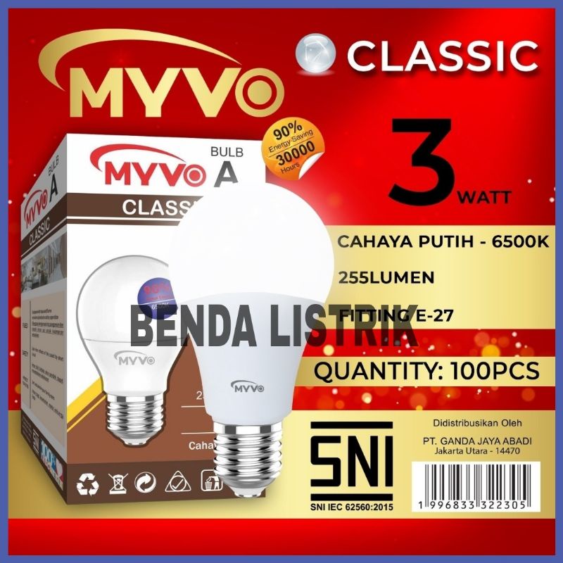 Lampu Led Bohlam Myvo Classic 3 Watt - Led  3w Classic Myvo - Led 3W Classic Myvo Garansi 1 Tahun