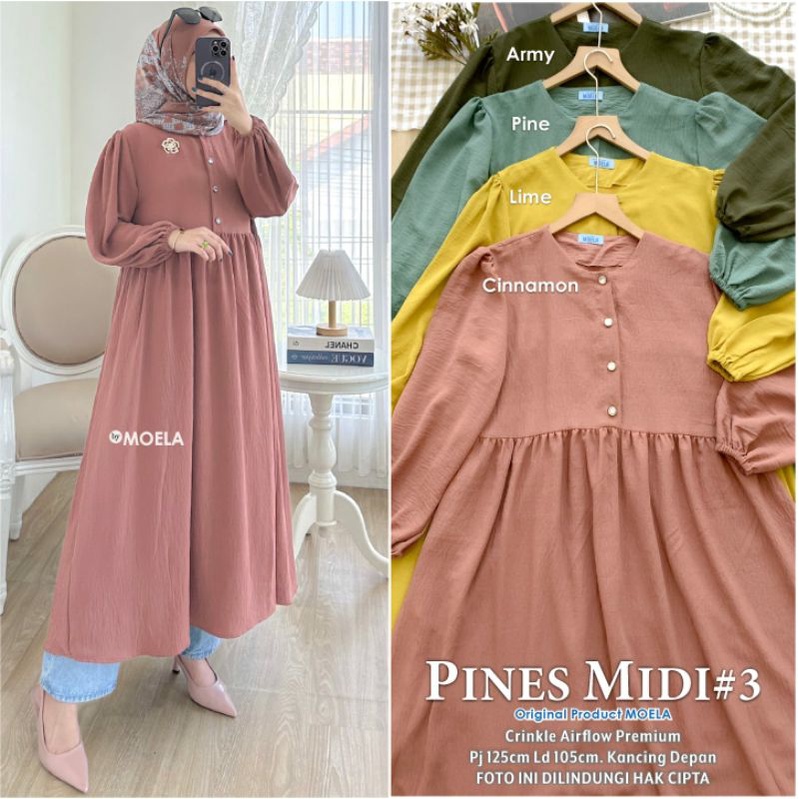 PINES MIDI #3 ORIGINAL MOELA // GAMIS MIDI POLOS KANCING AKTIF TERBARU