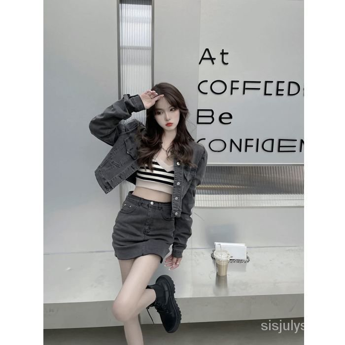 [✅BISA COD] #Sisjuly# Setelan denim wanita / jaket pendek retro hitam dan abu-abu wanita + paket ski