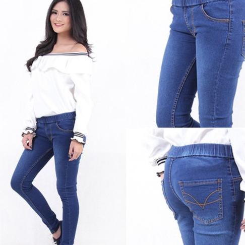 Jeans Skinny Wanita Pinggang Karet Stretch Celana Jeans Wanita