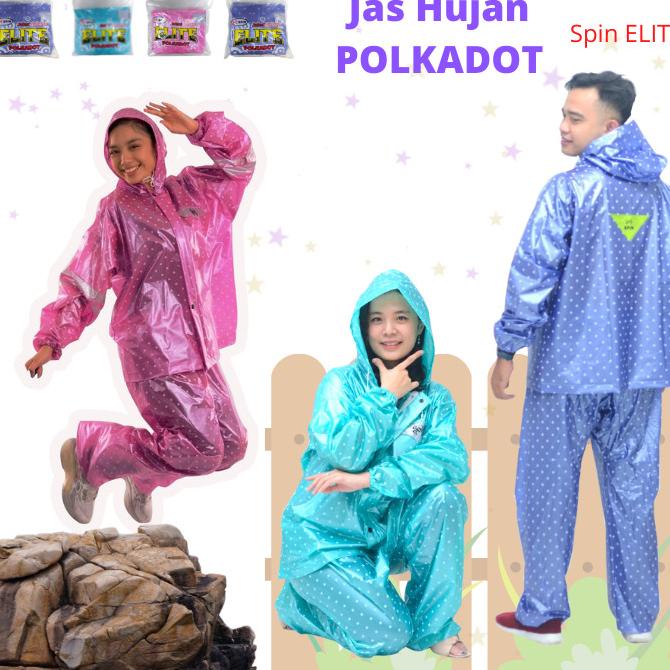 Mantel Jas Hujan Setelan Baju Celana Dewasa Motif Polkadot ELITE SPIN