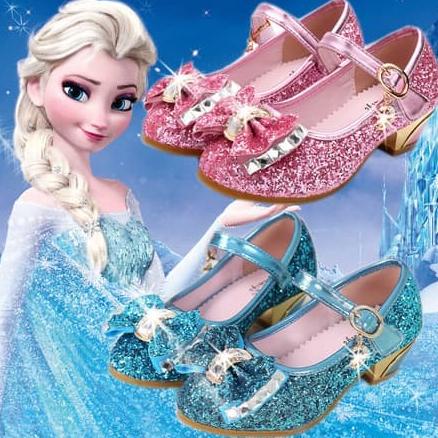 sepatu frozen biru/sepatu anak heels/sepatu anak glitter/sepatu elsa