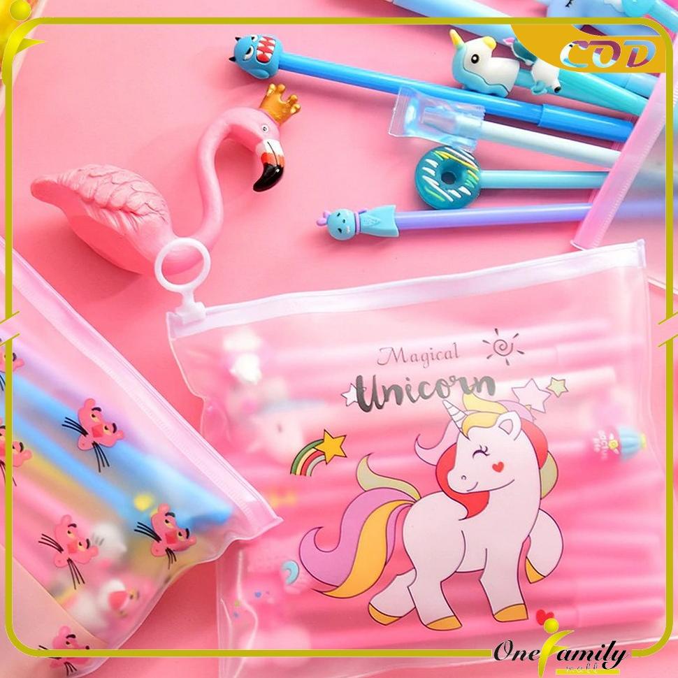 

ONE-A15 Pulpen Gel Karakter Lucu Set Isi 20PCS Pena FREE Zipper Pouch Tempat Pensil Transparan Murah