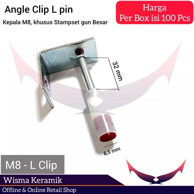 Paku tembak besi beton, angle clip L ukuran kepala M8, bukan boset
