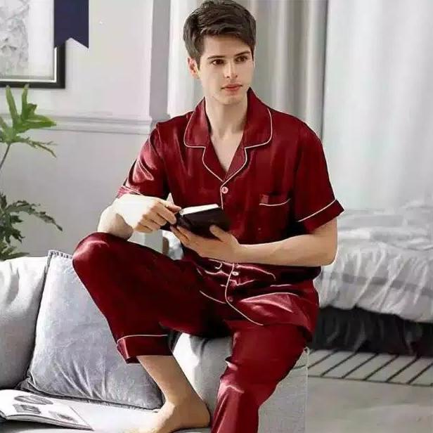 TERLARIS Baju tidur pria dewasa LD 110 120  set piyama cowok jumbo celana panjang lengan pendek sete