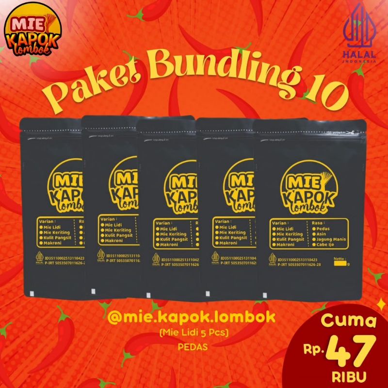 

PAKET BUNDLING 10 (Mie Lidi 5 Pcs) Pedas Biasa dan Pedas Mantap.