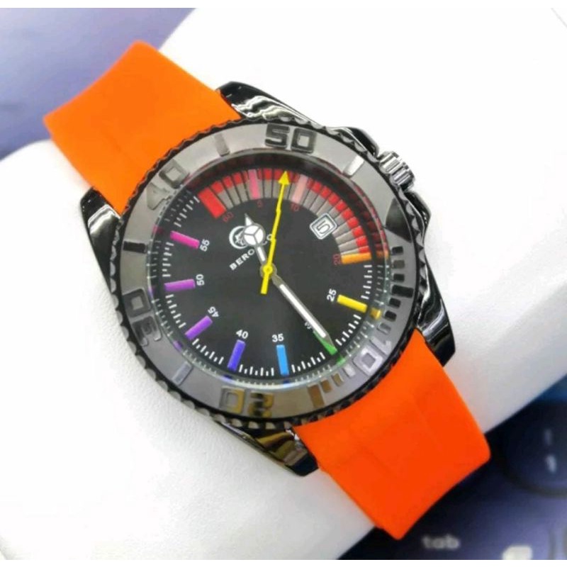 New Sale! Jam Tangan Berocco Analog Stainliss Steel Bazel Rubber Halus Terlaris Pria Tanggal Aktif