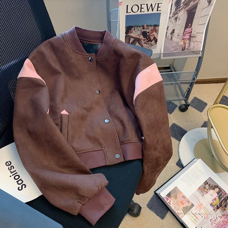 Nico##Jaket baseball kulit retro wanita musim baru jaket kasual longgar atasan/jaket korean style