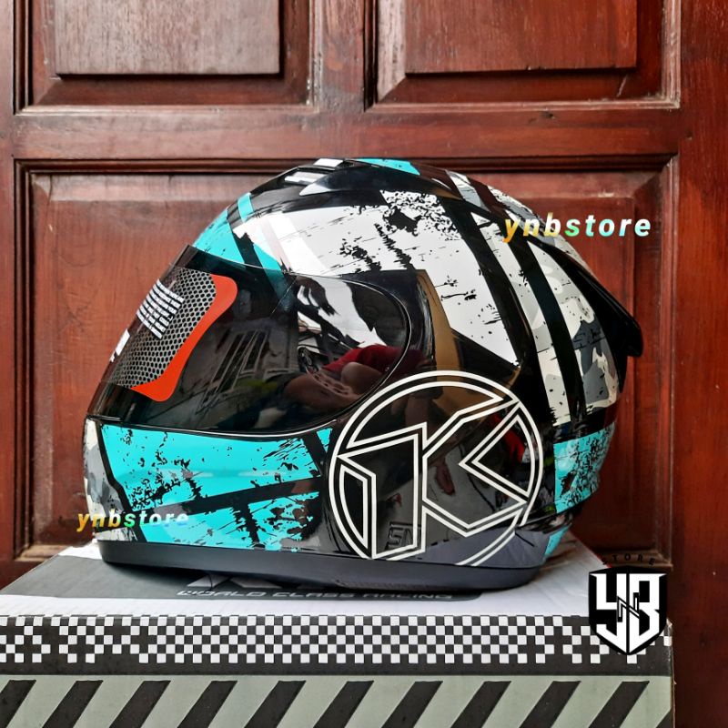Helm Fullface KYT R10 Motif #3 Aqua Blue Visor Hitam Smoke | Helm Full Face KYT R-10 RC10 Motif 3 Bi