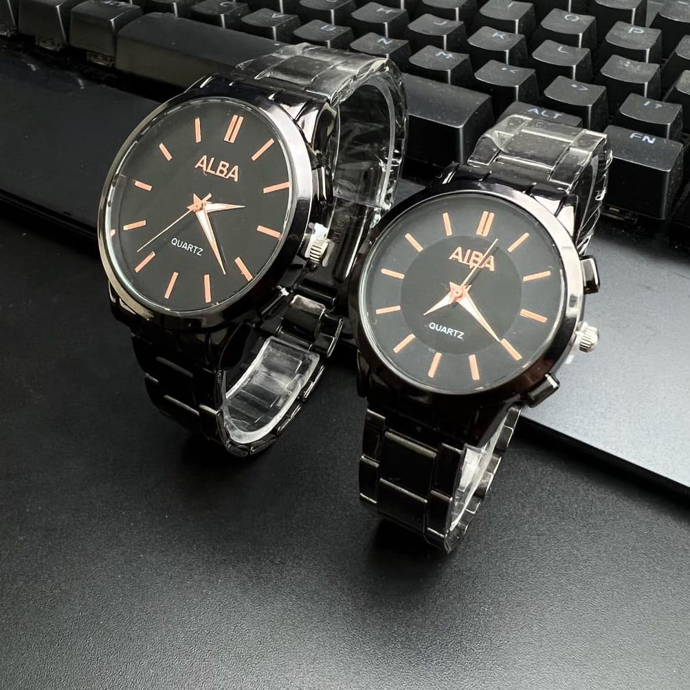 Ready { Kw } Jam Tangan Couple Alba Full Hitam Strap Rantai Steel A-12