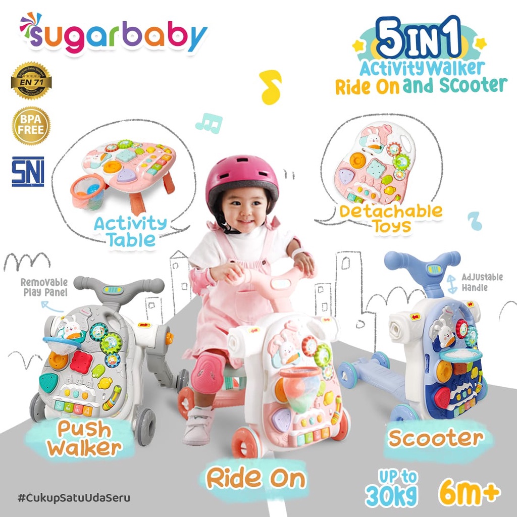 Sugar Baby 5 in 1 Push Walker Activity Table Ride On Scooter