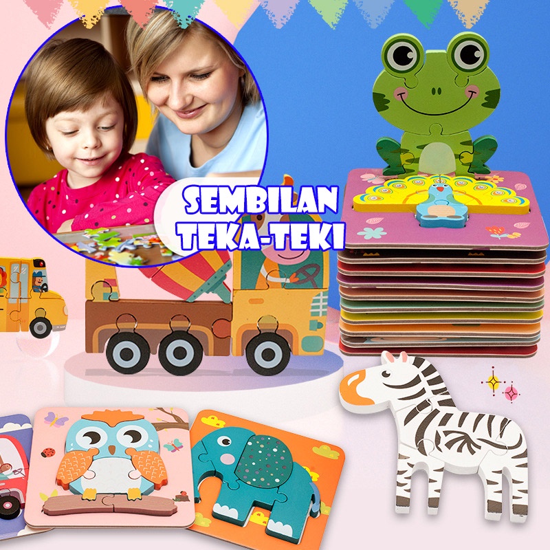 Holiven Anak-anak Jigsaw Puzzle Kartun Hewan 9 Buah Pesawat Puzzle Bayi Pendidikan Anak Usia Dini