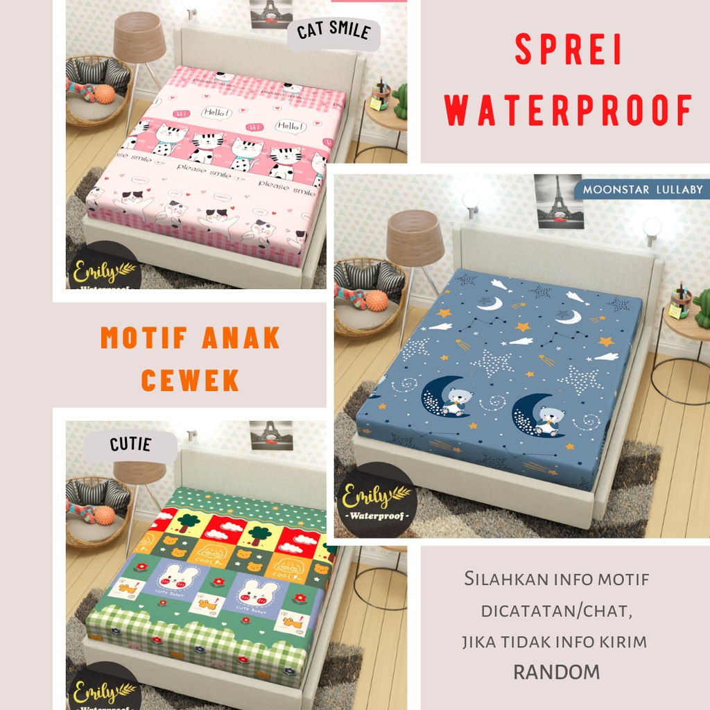 SPREI WATERPROOF SULTAN Free KARET ANTI GESER Motif DEWASA ANAK POLOS Ukuran Size NO1/NO2/NO3 180X200 160x200 120x200 90x200 200x200 140x200