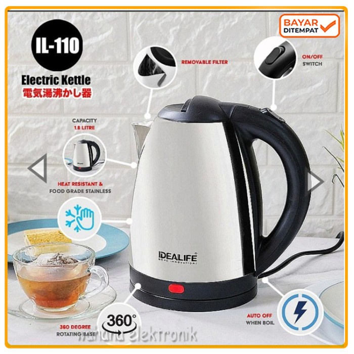 Terlaris Teko Listrik Stainless Otomatis Teko Listrik Low Watt 1.8L Idealife