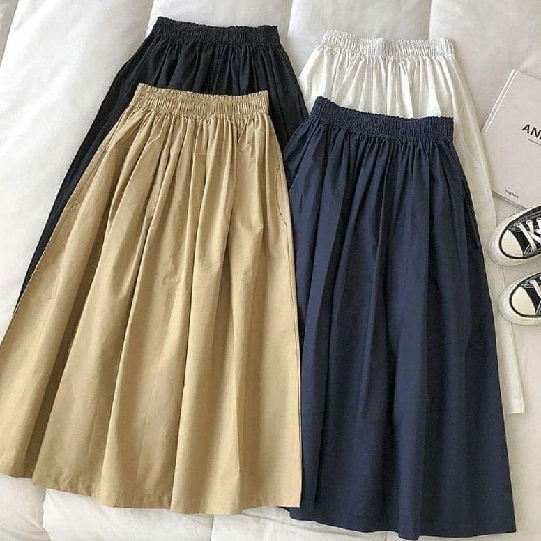 ROK JACKLYN SKIRT HS KATUN LINEN PINGGANG KARET Rok Wanita Terbaru 2023 Rok Katun Skirt Panjang 64 c