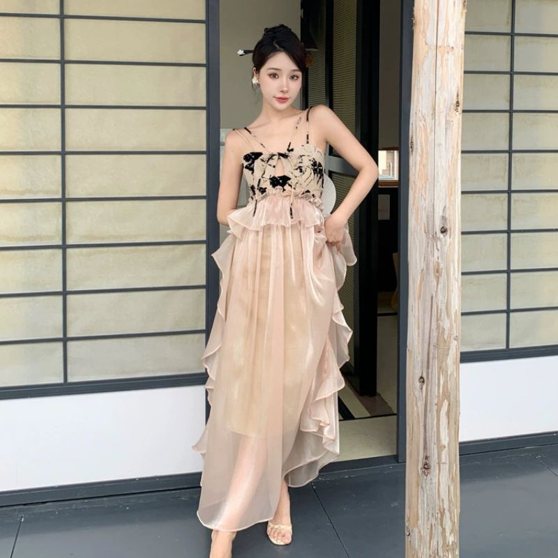 Dress Wanita Import Premium Korea Summer Dress Floral Bunga Hitam Elegan / Long Dress Pantai Summer