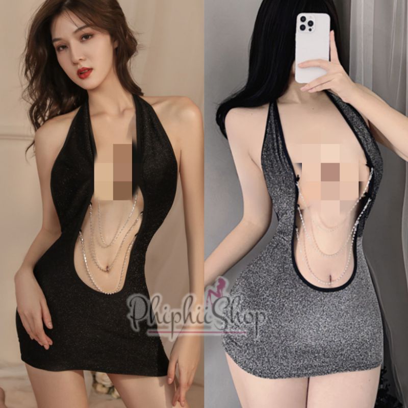 Sexy Mini Bodycon Dress Hitam Silver Metalik Model Rantai Depan