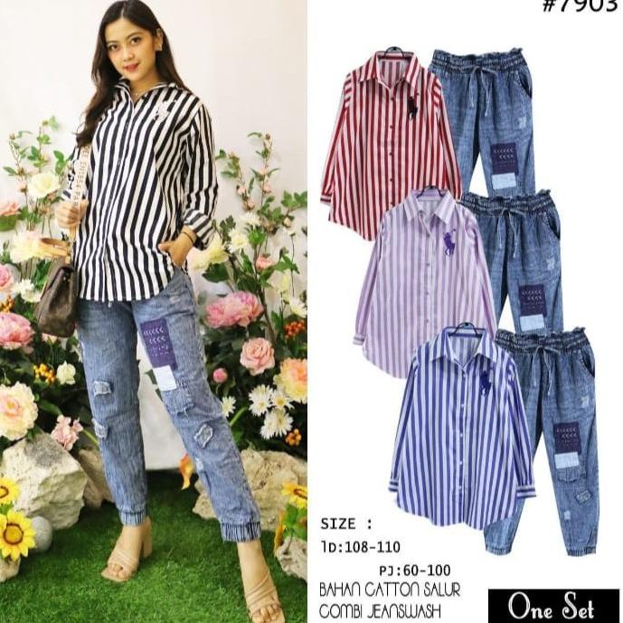 Terlaris Setelan Kemeja Motif Salur/Setelan Kemeja Wanita/Setelan Kemeja Katun