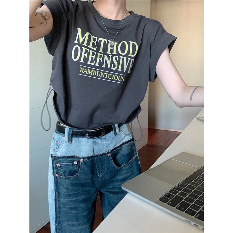 Red Cotton Combed Lengan Pendek American Short Top Hot Girl In Serut T-shirt Wanita Musim Panas Pinggang Tinggi Rasa Desain longgar Cetak