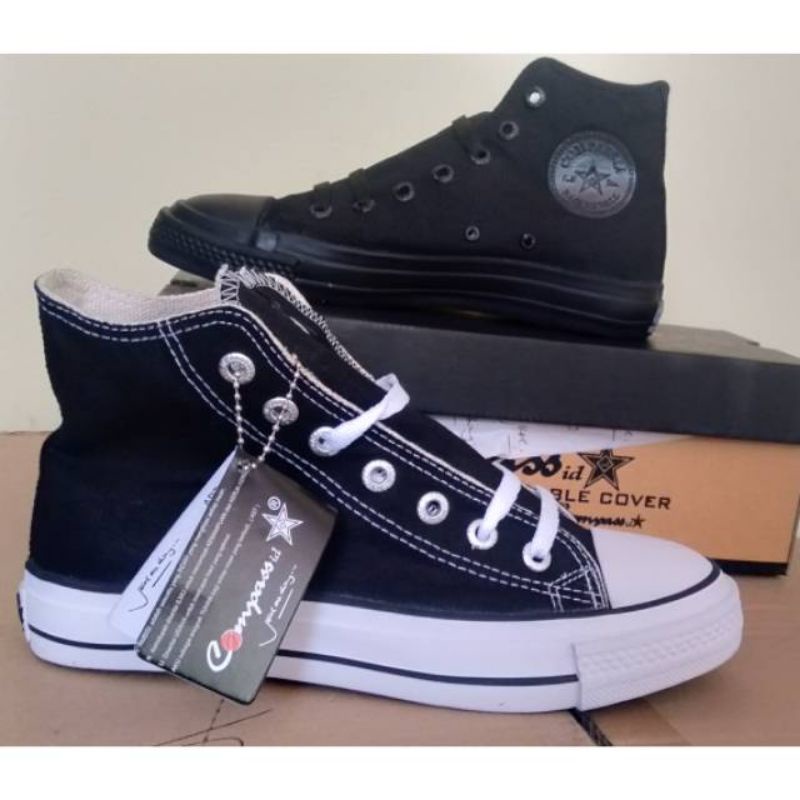 SEPATU SEKOLAH COMPASS.ID FULL HITAM (PRAMUKA) DAN BLACK WHITE ORIGINAL - READY BIG SIZE 44 DAN 45 -